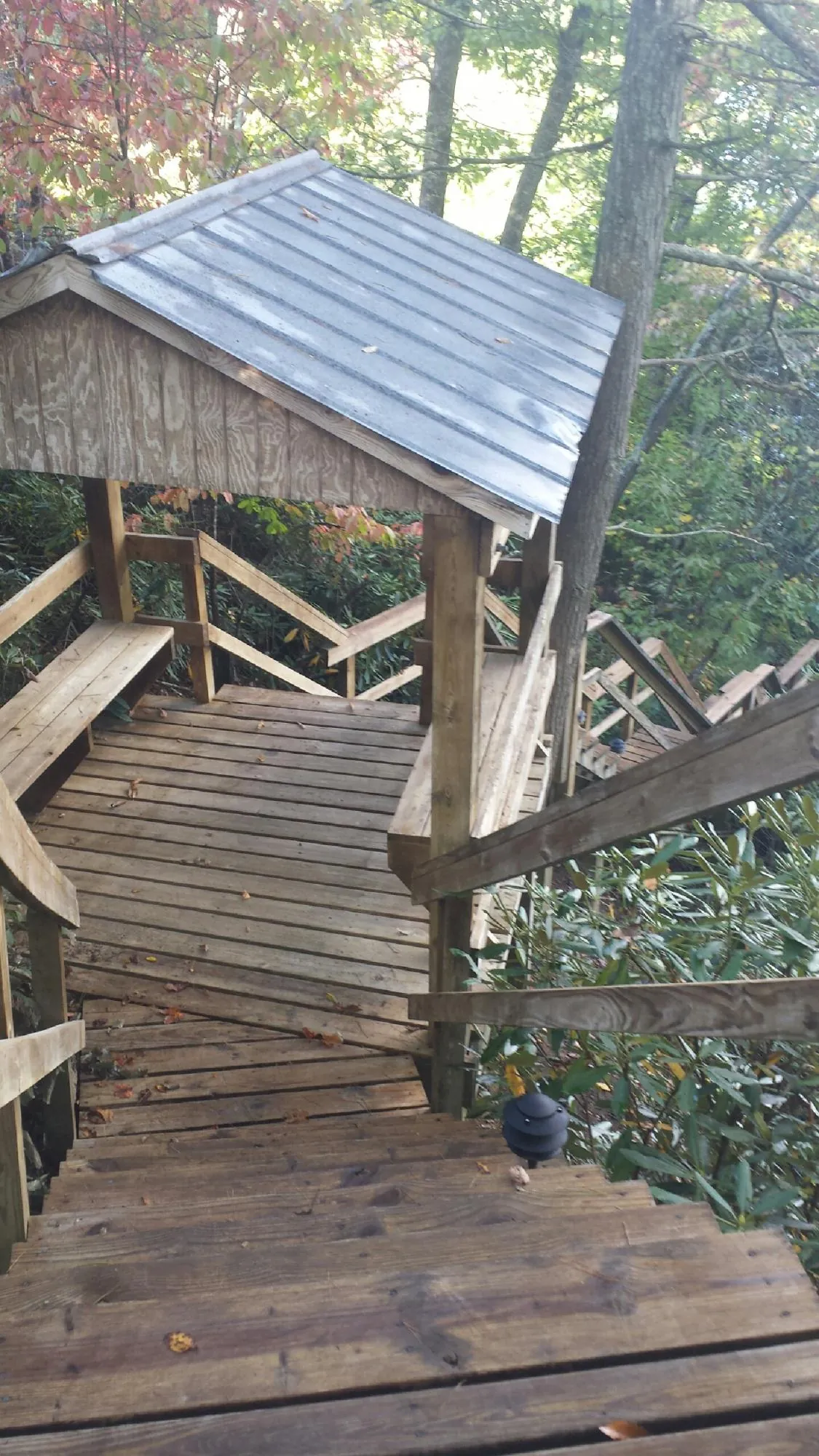 Metal roofed shelter over wooden steps on a wooded walkway — Skylight Repair & Installation work by our crew in Clarksville